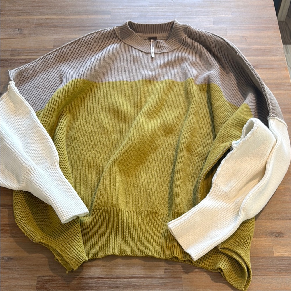 Free People Colorblock Sweater in Olive, Cream, and Taupe